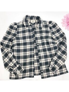 Tuckernuck Saranac Puff Sleeve Cropped Plaid Flannel Cream Black Cotton